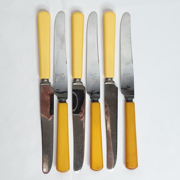 Vintage Steak Knife Set Bakelite Handles Yellow Butterscotch Stainless Steel - Picture 2 of 7